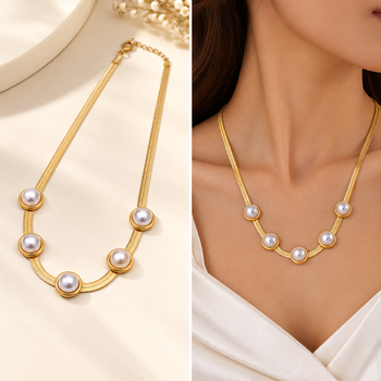 Anti-Tarnish Golden Snake Chain Necklace with Elegant Pearl Accents – Timeless & Sophisticated Style 1