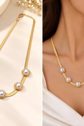Anti-Tarnish Golden Snake Chain Necklace with Elegant Pearl Accents – Timeless & Sophisticated Style