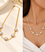 Anti-Tarnish Golden Snake Chain Necklace with Elegant Pearl Accents – Timeless & Sophisticated Style