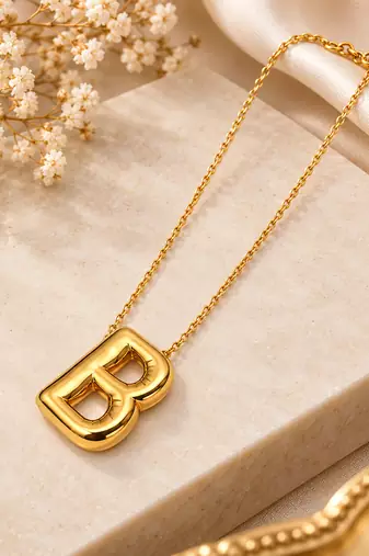 Anti-Tarnish Golden BB Pendant Neck Chain – Chic, Minimalist & Timeless Statement Jewellery for Everyday Elegance