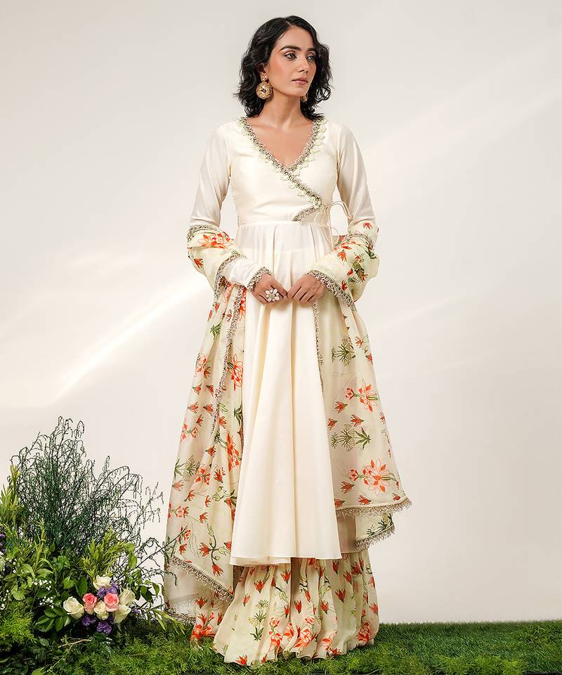 Ivory embroidered chanderi organza anarkali set