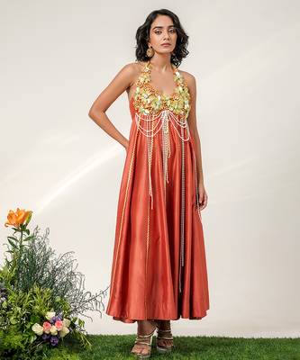 Rust orange embroidered chanderi halter panel dress 1