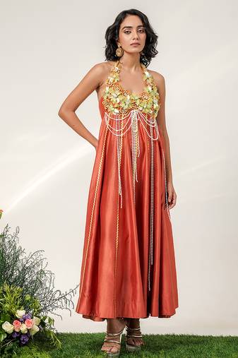 Rust orange embroidered chanderi halter panel dress
