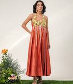 Rust orange embroidered chanderi halter panel dress