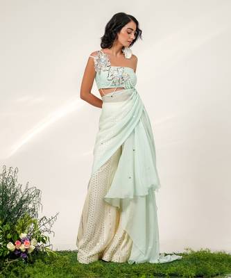Cruise blue and ivory embroidered organza and georgette sharara set 1