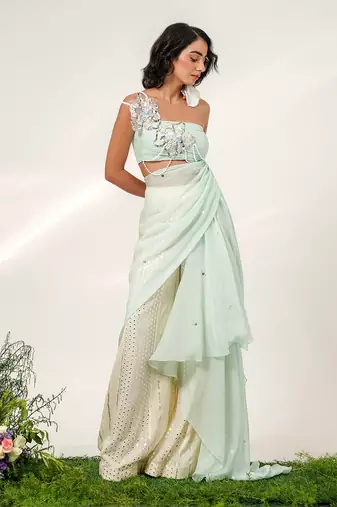 Cruise blue and ivory embroidered organza and georgette sharara set