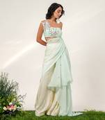 Cruise blue and ivory embroidered organza and georgette sharara set