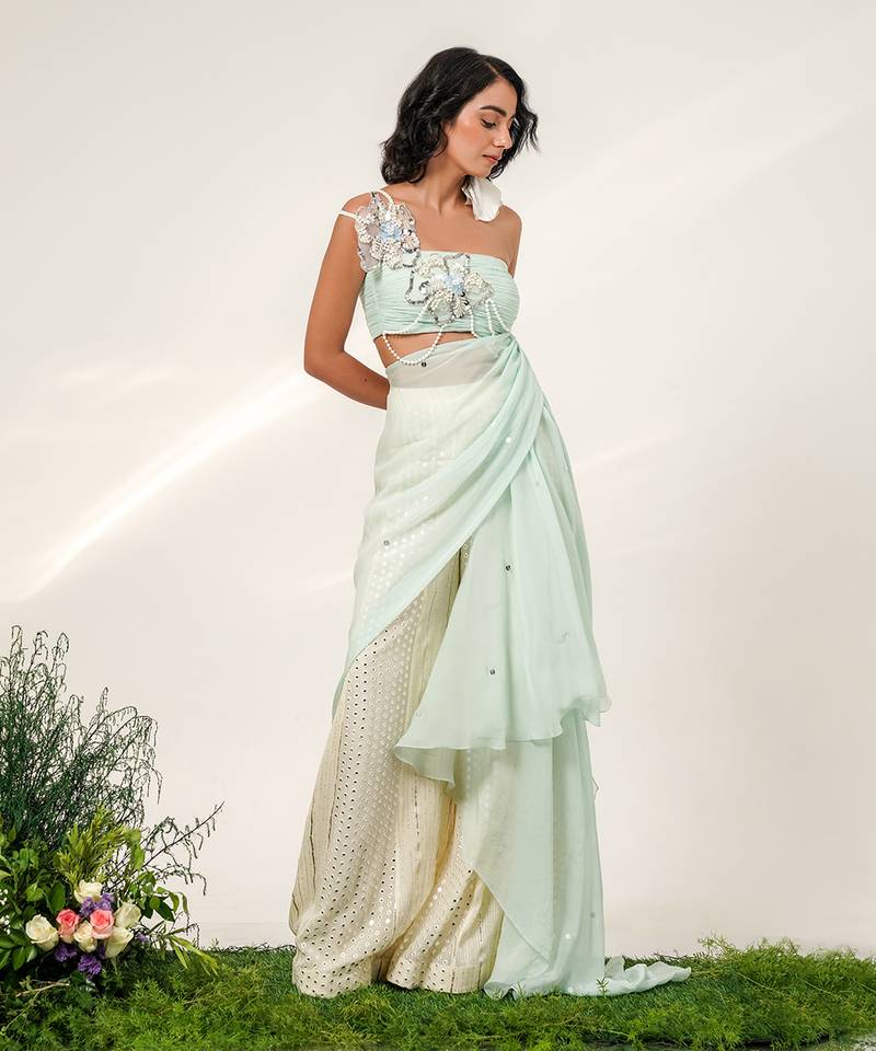 Cruise blue and ivory embroidered organza and georgette sharara set