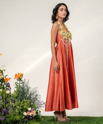 Rust orange embroidered chanderi halter panel dress 2
