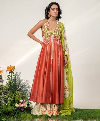 Rust orange and ivory embroidered organza chanderi anarkali set 1