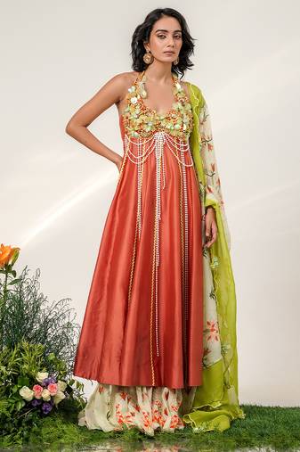 Rust orange and ivory embroidered organza chanderi anarkali set