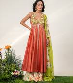 Rust orange and ivory embroidered organza chanderi anarkali set