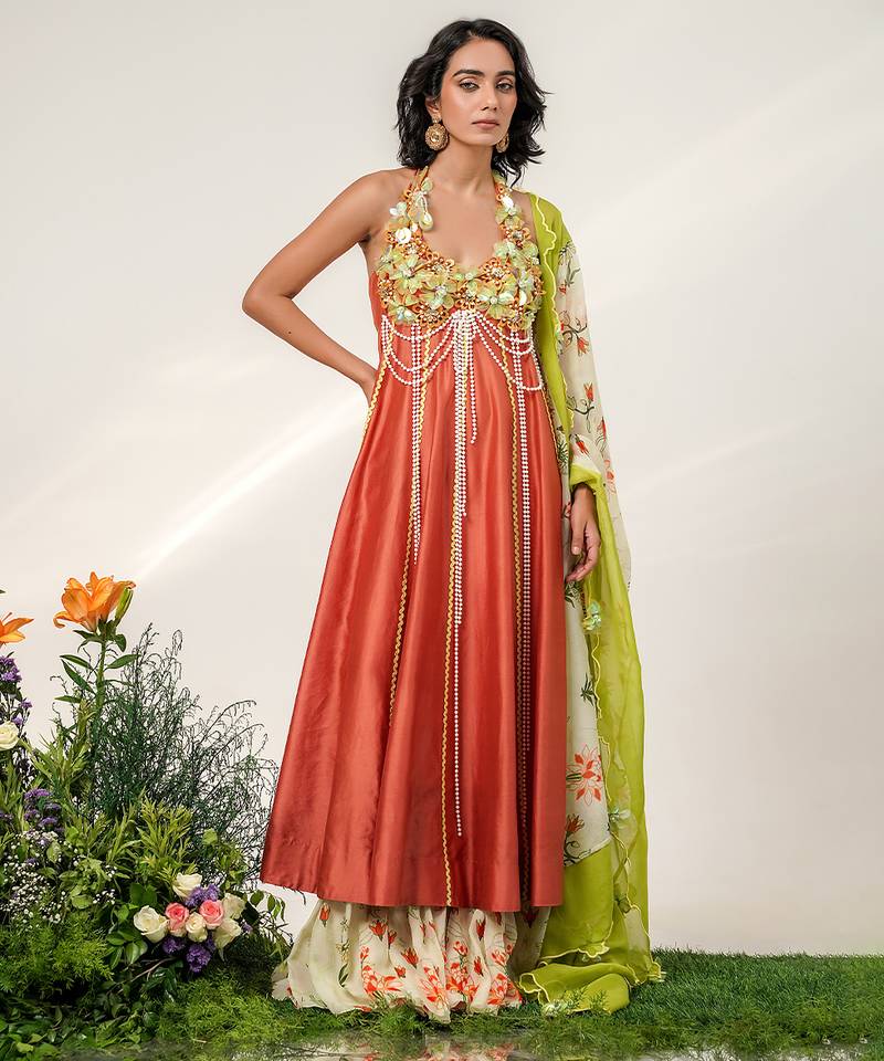 Rust orange and ivory embroidered organza chanderi anarkali set
