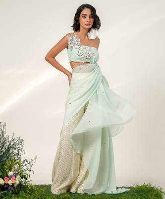 Cruise blue and ivory embroidered organza and georgette sharara set 2
