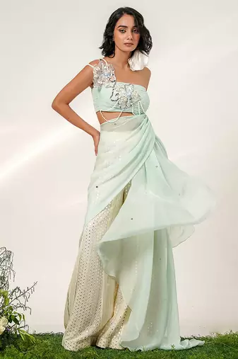 Cruise blue and ivory embroidered organza and georgette sharara set