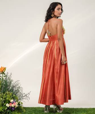 Rust orange embroidered chanderi halter panel dress 3