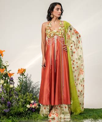 Rust orange and ivory embroidered organza chanderi anarkali set 2