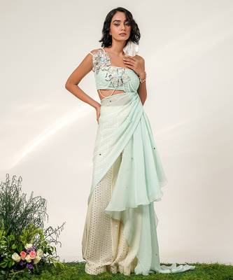 Cruise blue and ivory embroidered organza and georgette sharara set 3