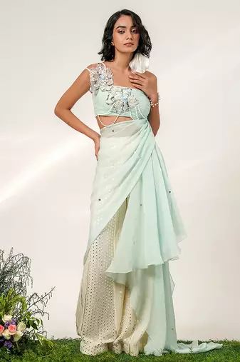 Cruise blue and ivory embroidered organza and georgette sharara set