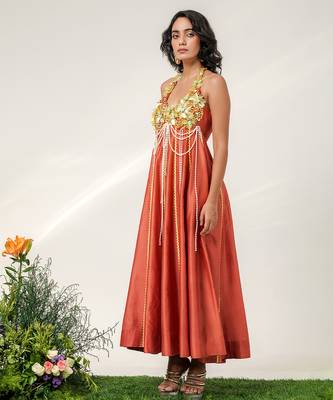 Rust orange embroidered chanderi halter panel dress 4