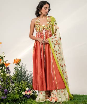 Rust orange and ivory embroidered organza chanderi anarkali set 3