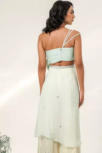Cruise blue and ivory embroidered organza and georgette sharara set