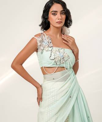 Cruise blue and ivory embroidered organza and georgette sharara set 5