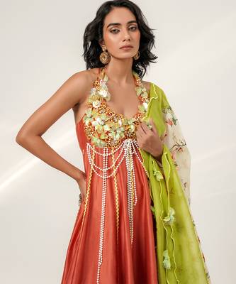 Rust orange and ivory embroidered organza chanderi anarkali set 4