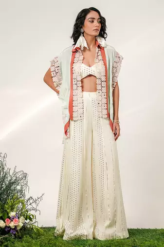 Cruise blue and ivory embroidered organza and georgette sharara and kaftan shirt set