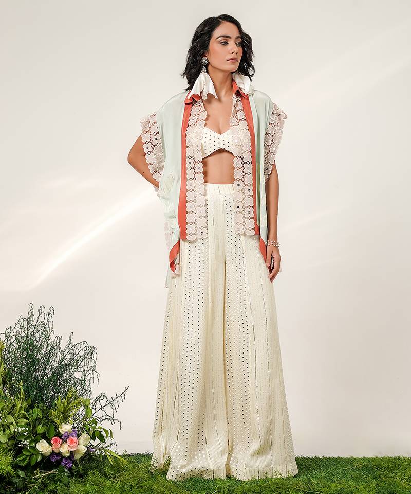 Cruise blue and ivory embroidered organza and georgette sharara and kaftan shirt set