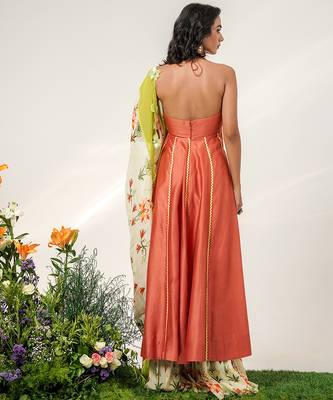 Rust orange and ivory embroidered organza chanderi anarkali set 5