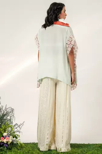 Cruise blue and ivory embroidered organza and georgette sharara and kaftan shirt set