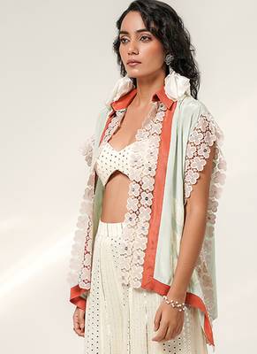 Cruise blue and ivory embroidered organza and georgette sharara and kaftan shirt set 3