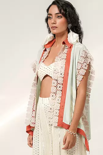 Cruise blue and ivory embroidered organza and georgette sharara and kaftan shirt set