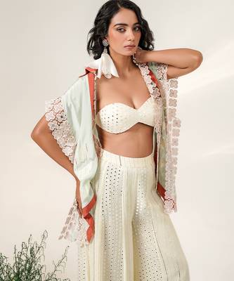 Cruise blue and ivory embroidered organza and georgette sharara and kaftan shirt set 4