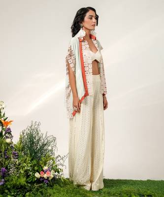 Cruise blue and ivory embroidered organza and georgette sharara and kaftan shirt set 5