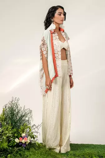 Cruise blue and ivory embroidered organza and georgette sharara and kaftan shirt set