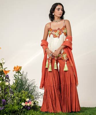 Ivory and rust embroidered organza georgette sharara set 1