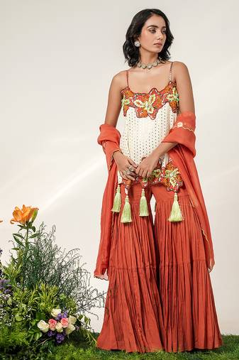 Ivory and rust embroidered organza georgette sharara set