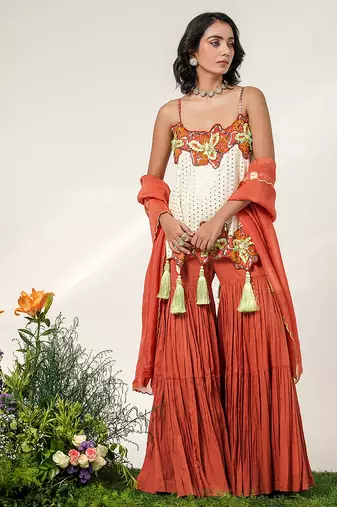 Ivory and rust embroidered organza georgette sharara set
