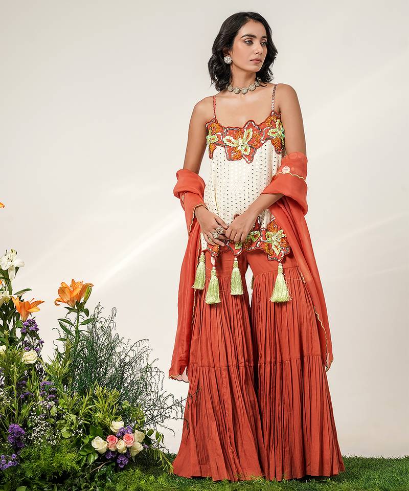 Ivory and rust embroidered organza georgette sharara set