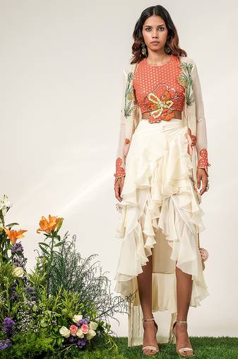Rust orange and ivory embroidered organza georgette jacket skirt set