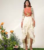 Rust orange and ivory embroidered organza georgette jacket skirt set