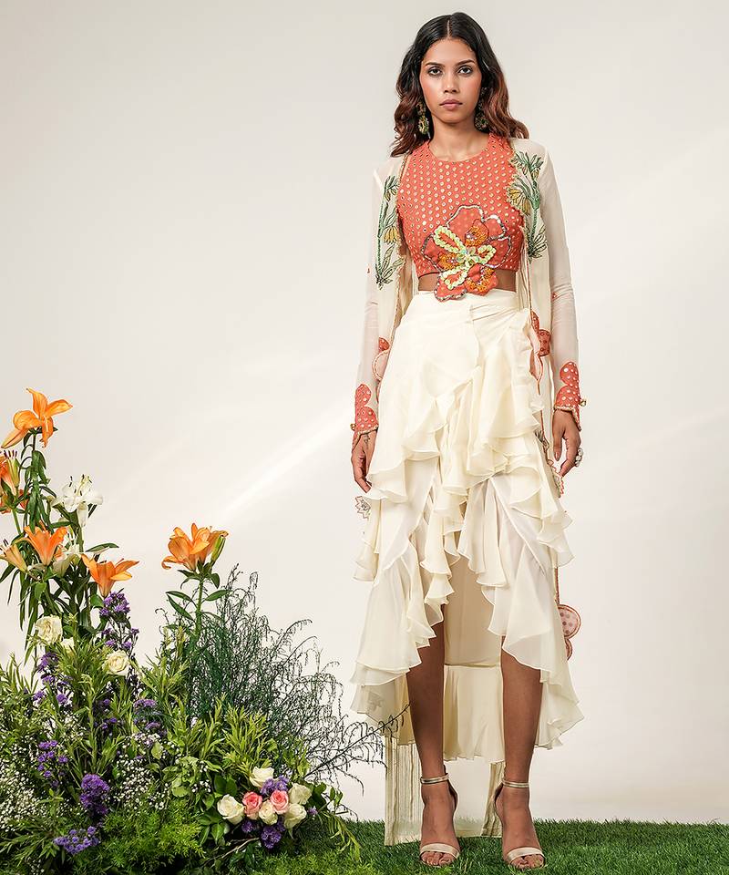 Rust orange and ivory embroidered organza georgette jacket skirt set