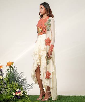Rust orange and ivory embroidered organza georgette jacket skirt set 2