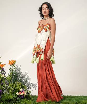 Ivory and rust embroidered organza georgette sharara set 2