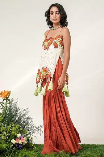 Ivory and rust embroidered organza georgette sharara set