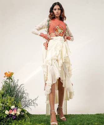 Rust orange and ivory embroidered organza georgette jacket skirt set 3