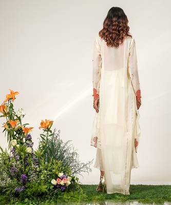 Rust orange and ivory embroidered organza georgette jacket skirt set 4