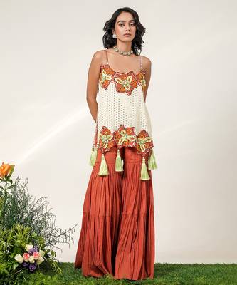Ivory and rust embroidered organza georgette sharara set 3